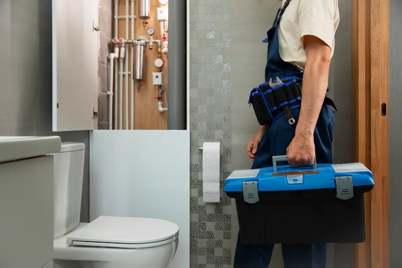 Plombier avec sa caisse à outils à côté d'un WC